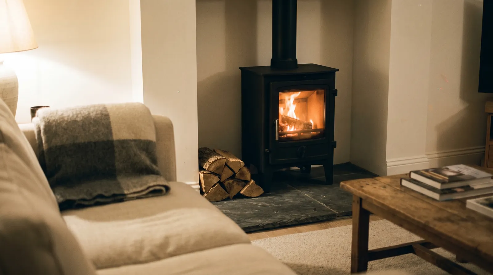 A glowing wood-burning stove on a slate hearth, beside a linen sofa and stacked logs