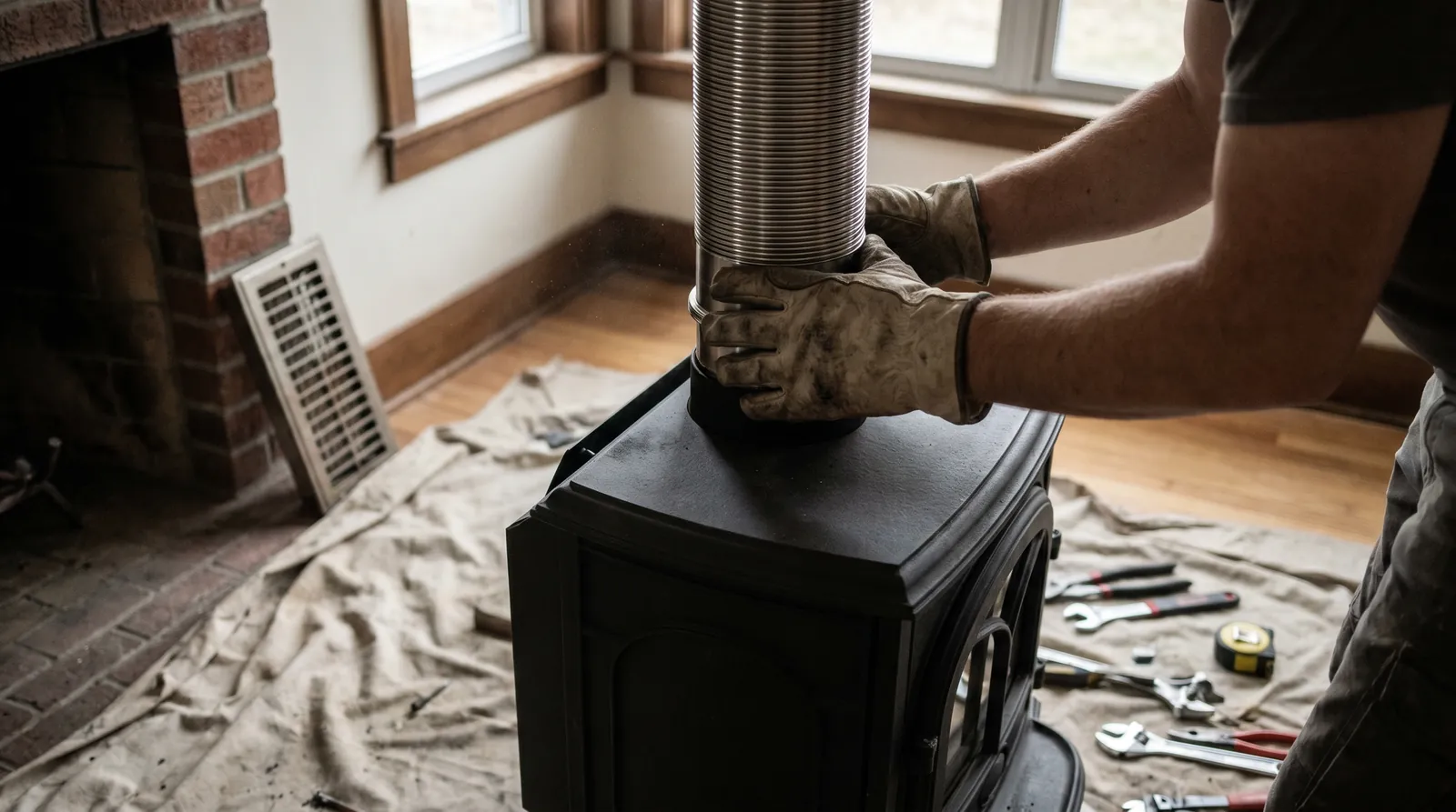 An installer's gloved hands working on a stove installation