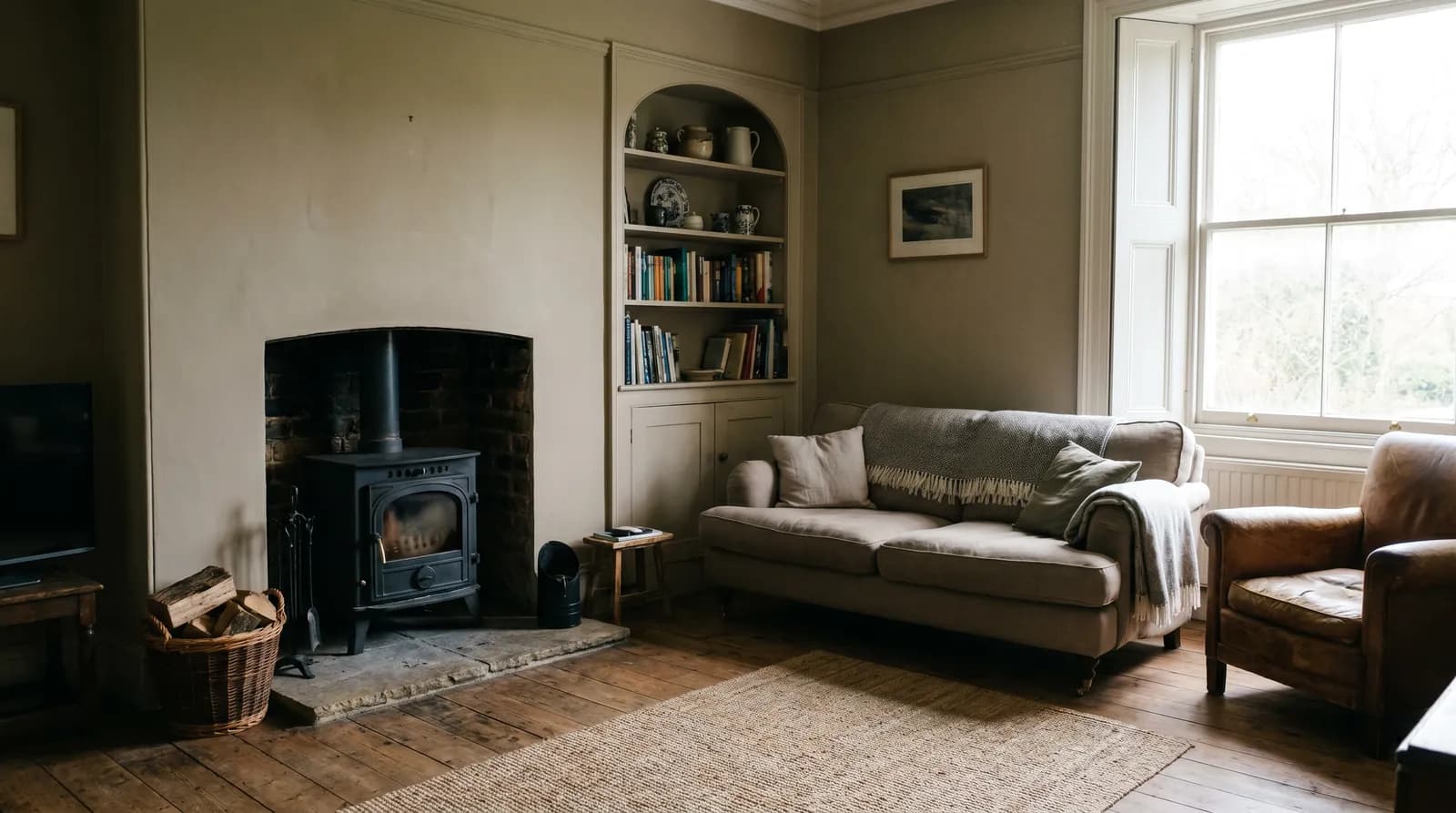 A wood burner in a furnished living room, showing its scale